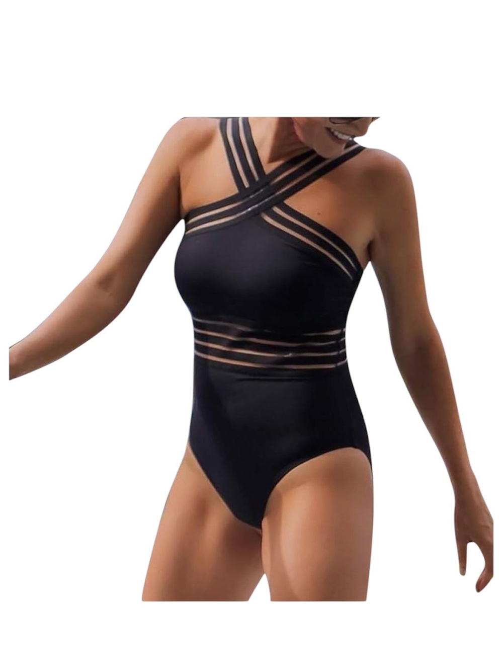 Amazon Black Strappy Mesh-Trim One-Piece Swimsuit